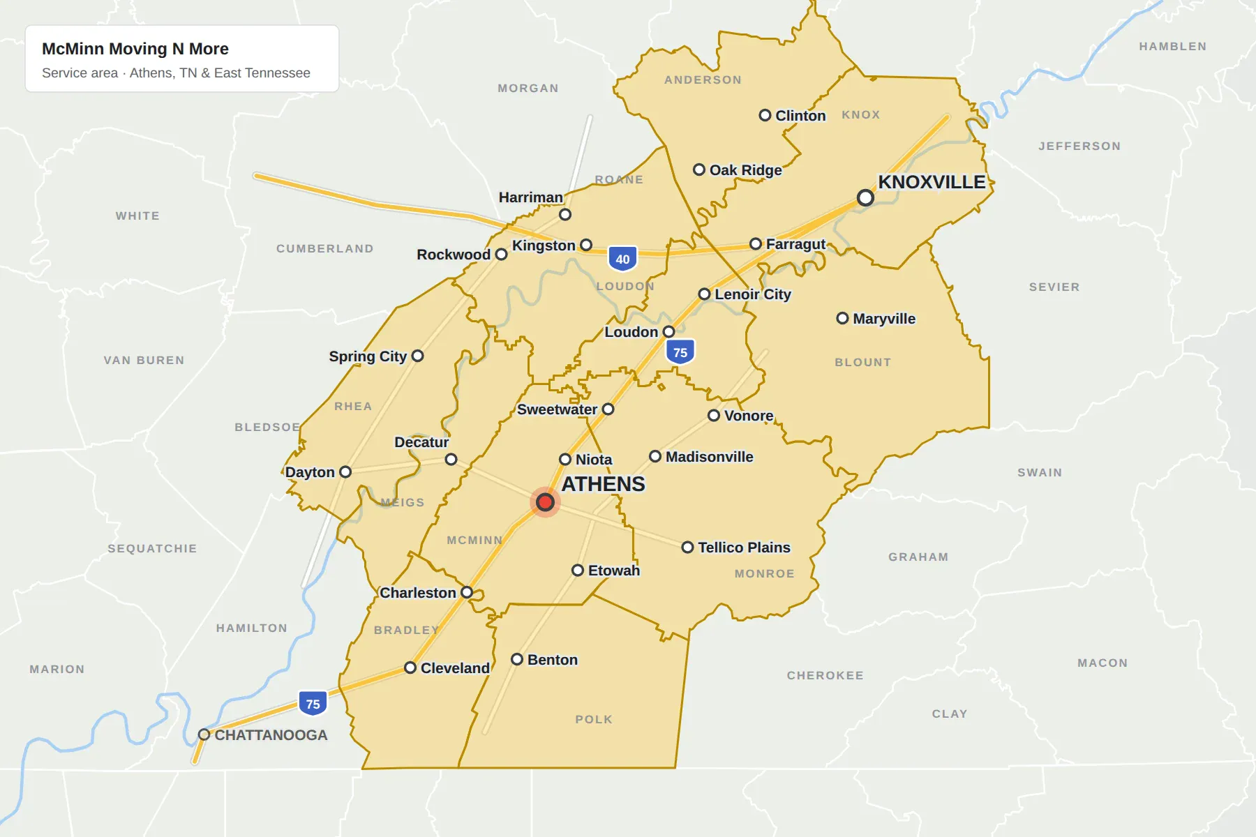 Map of the McMinn Moving N More service area: McMinn, Monroe, Meigs, Loudon, Bradley and Polk counties around Athens, TN