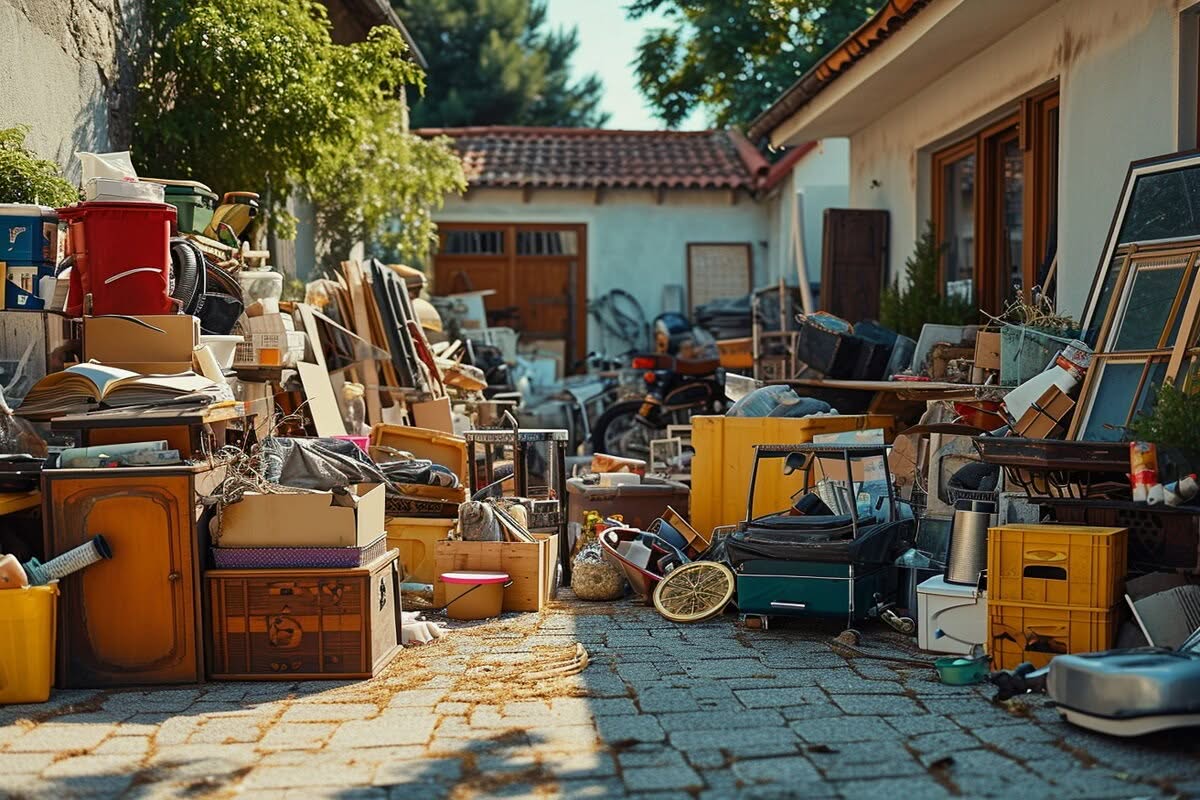 Pile of household junk and old furniture in a residential driveway